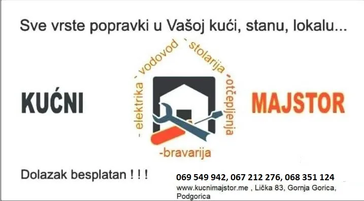 Kucni majstor, Elektricar, Bravar, Hidroizolater, Vodoinstalater Podgorica